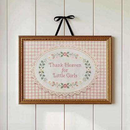 Vintage embroidery nursery wall art for a girls bedroom