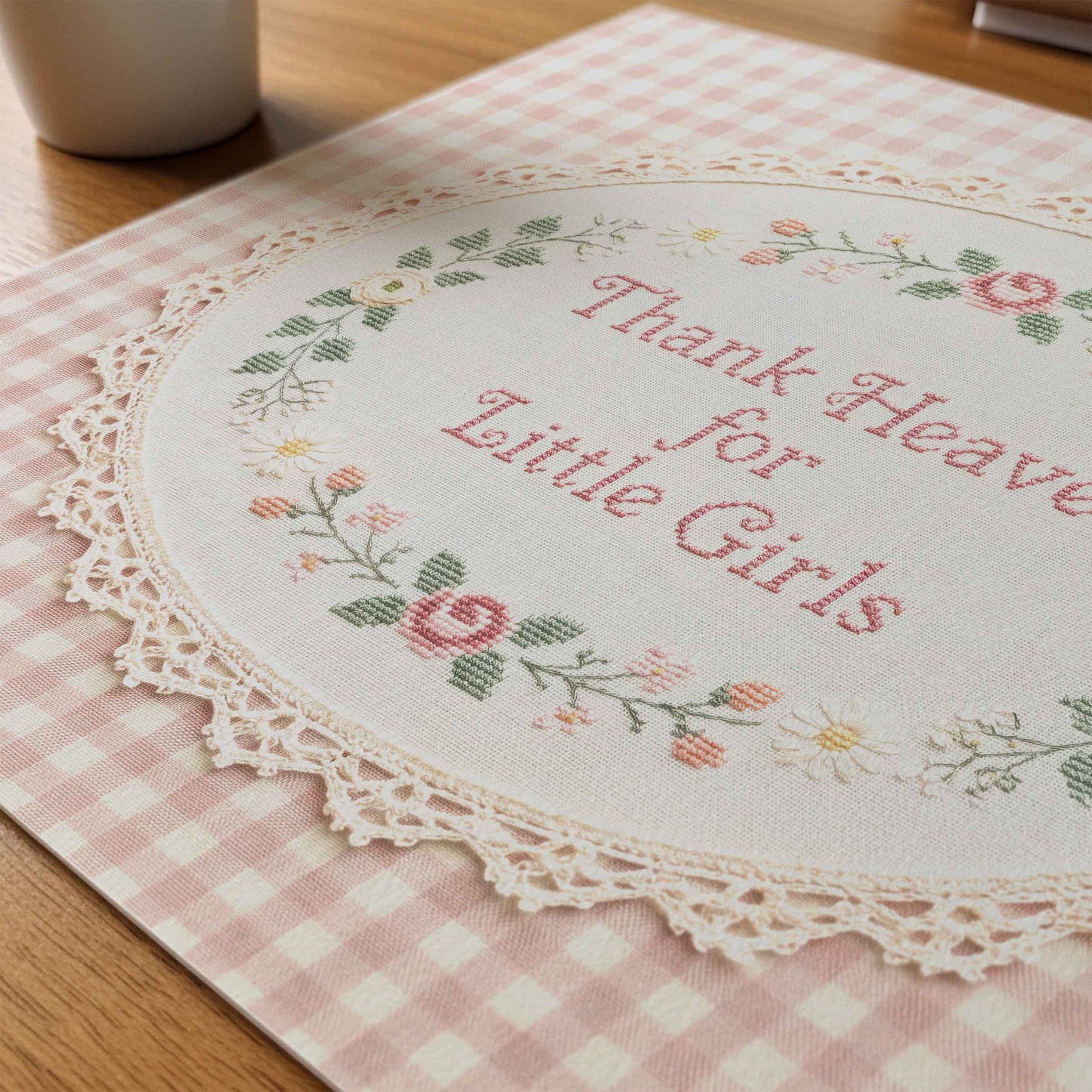Vintage cross stitch style nursery print with pink and cream gingham background