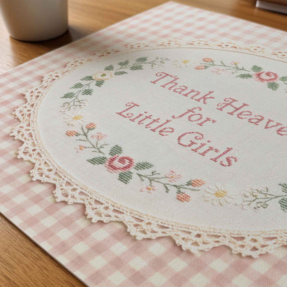 Vintage cross stitch style nursery print with pink and cream gingham background