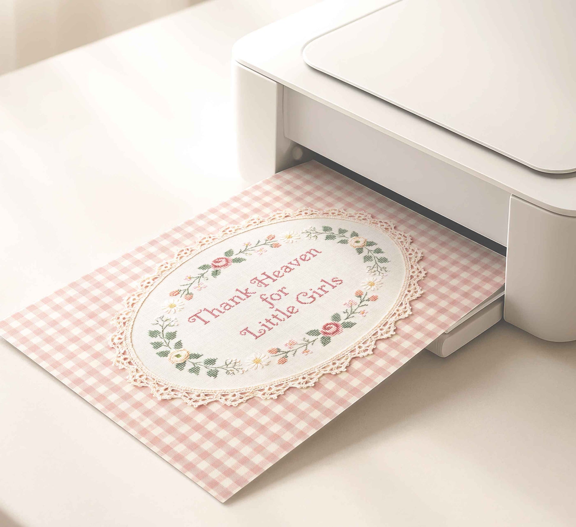 Grandmillennial style nursery sign with oval lace frame and pink lettering