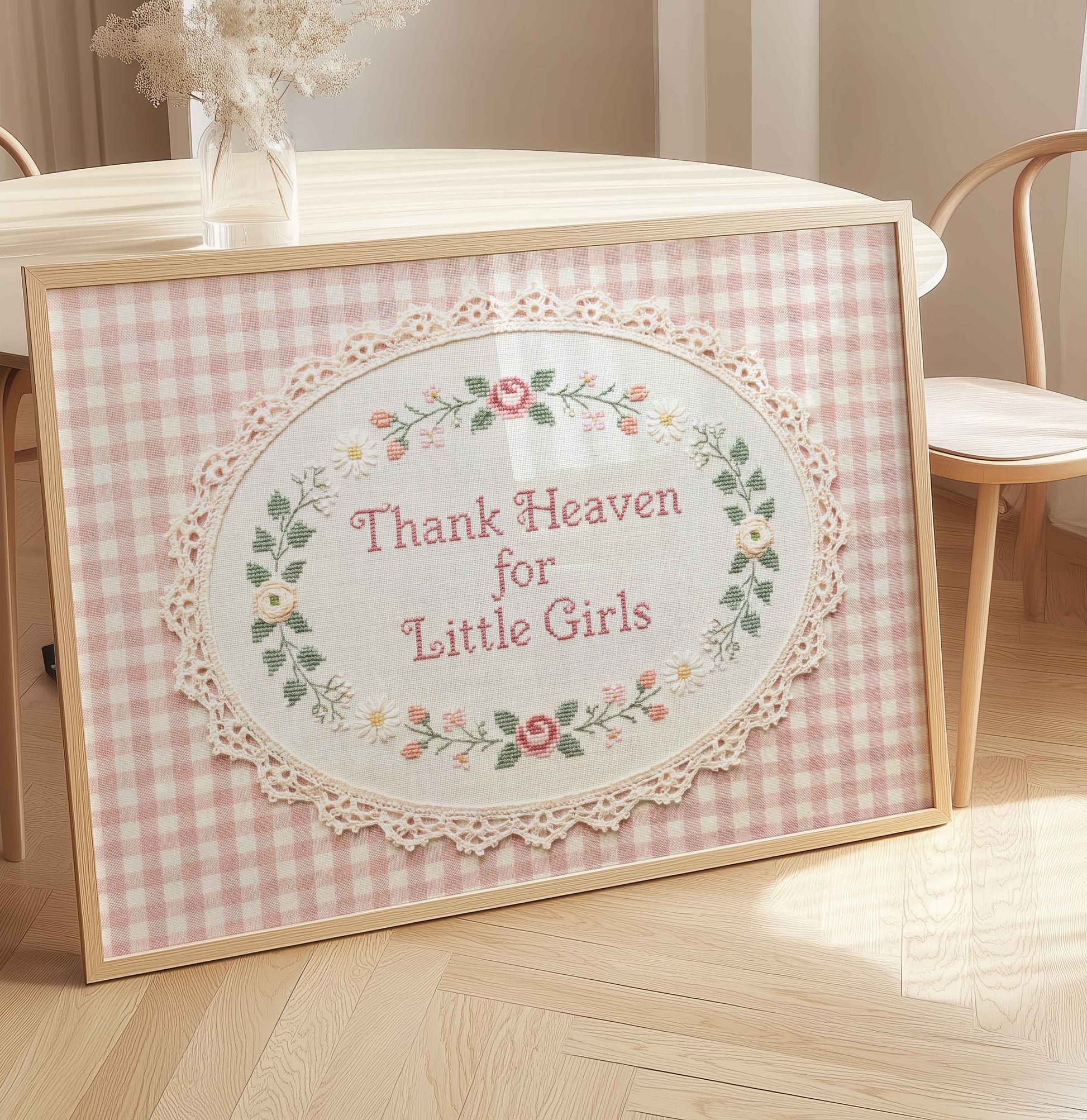 Coquette style nursery print with lace frame and gingham backdrop