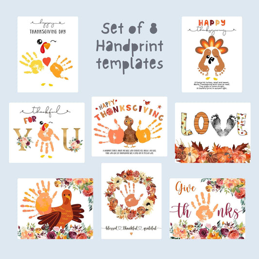 Set of 8 printable Thanksgiving handprint templates with turkeys, pumpkins, fall florals, and “thankful” art for kids.