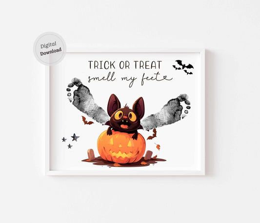 Trick or Treat Smell My Feet bat footprint art printable Halloween template