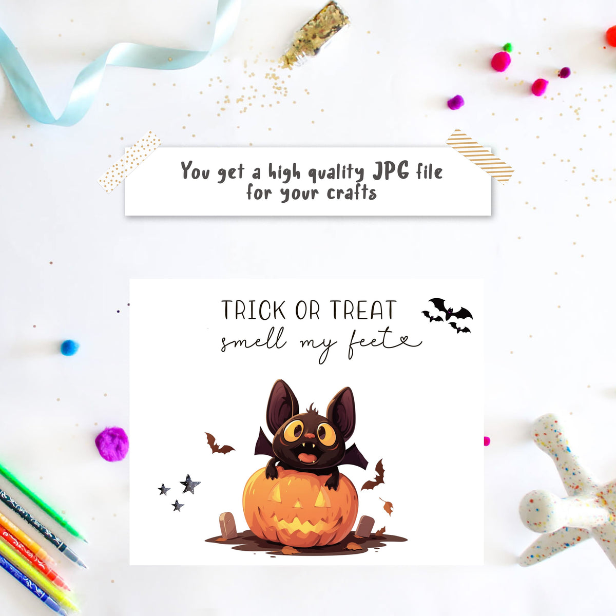 Toddler bat footprint art template with pumpkin design for Halloween