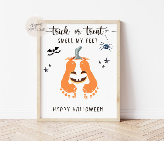 Trick or Treat Smell My Feet pumpkin footprint art printable Halloween template