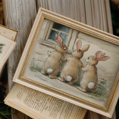 Two rabbits seen from behind watercolor print for a nostalgic storybook nursery room