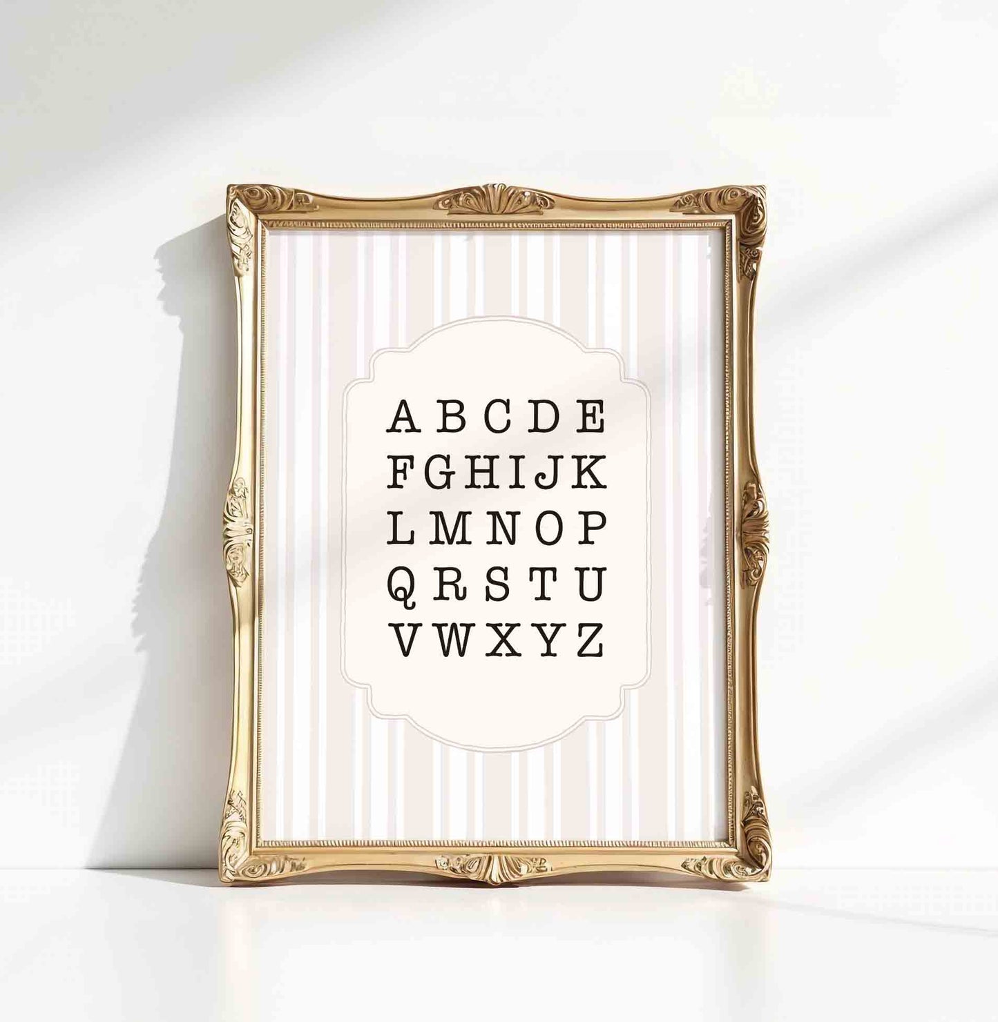Vintage alphabet chart print on stripe background for a storybook nursery room