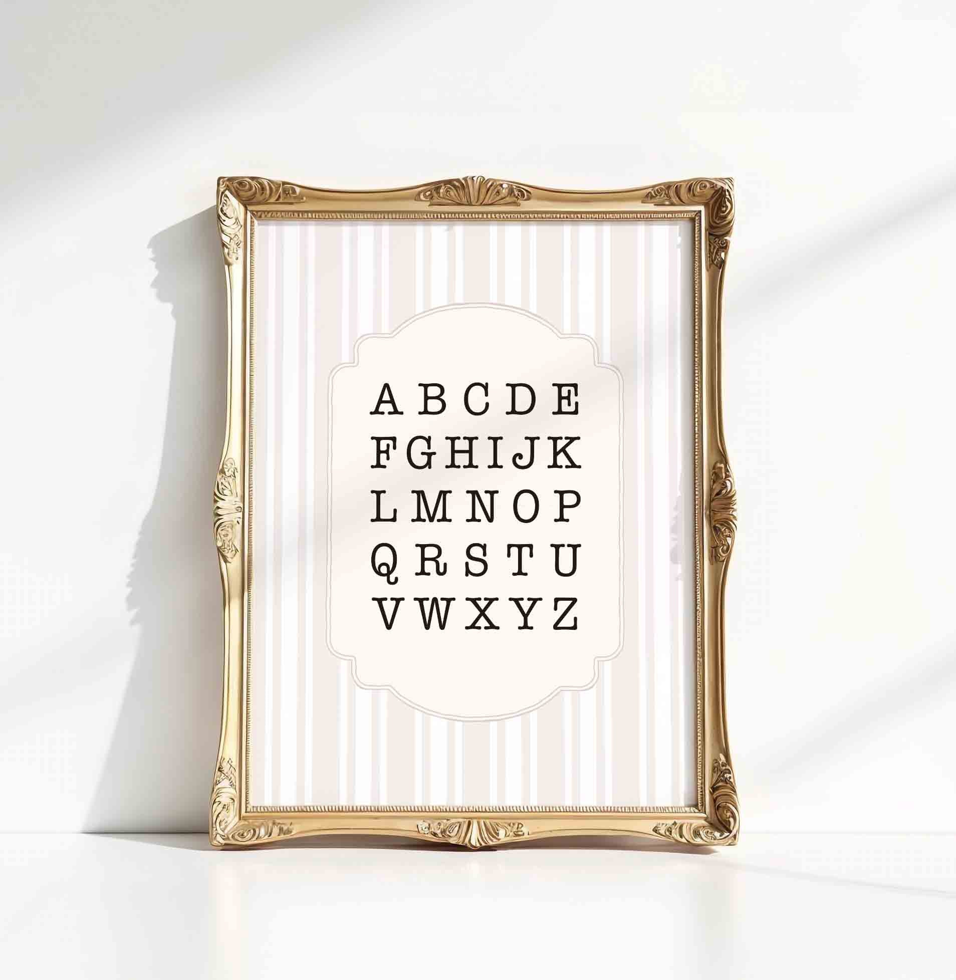 Vintage alphabet chart print on stripe background for a storybook nursery room