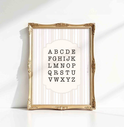 Vintage alphabet chart print on stripe background for a storybook nursery room