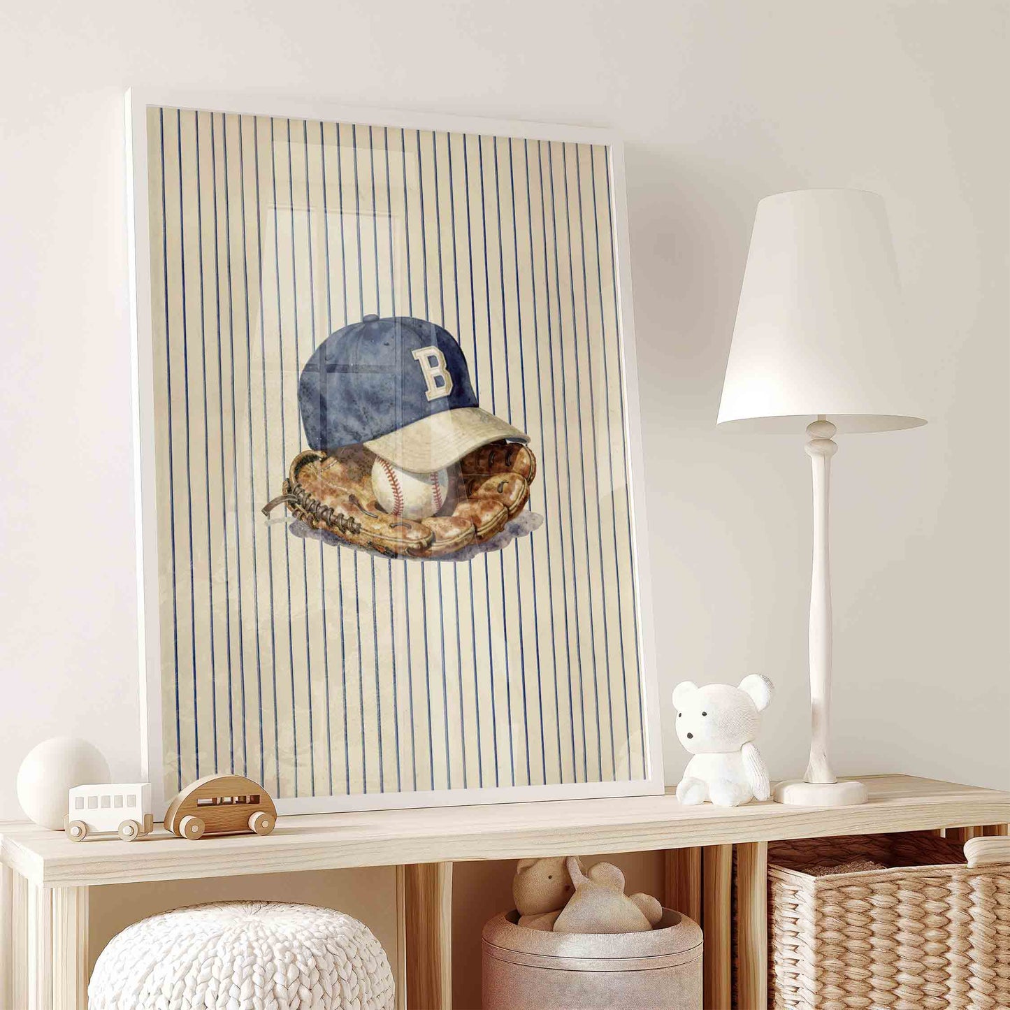 Watercolor vintage baseball cap and glove print for a boys room wall decor