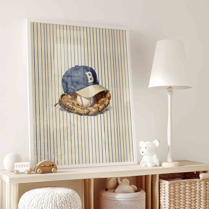 Watercolor vintage baseball cap and glove print for a boys room wall decor