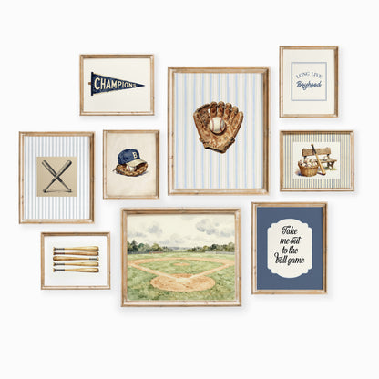 Vintage baseball equipment nursery gallery wall set of 9 collage with stadium, glove and bats