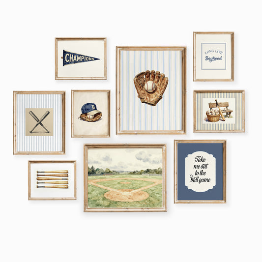 Vintage baseball equipment nursery gallery wall set of 9 collage with stadium, glove and bats