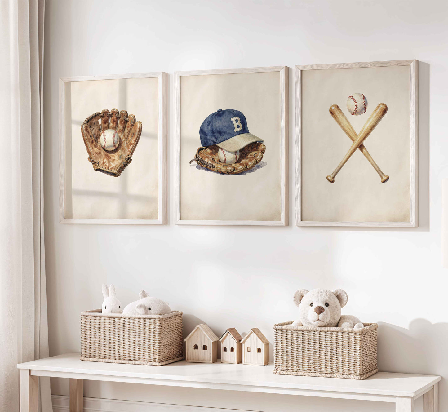 Vintage baseball nursery wall art set of 3 printable prints for a boys room