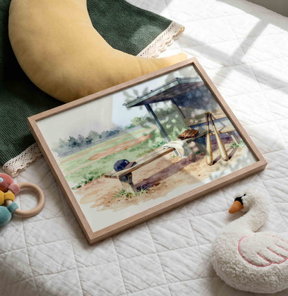 Vintage baseball stadium landscape print styled for a boys nursery room