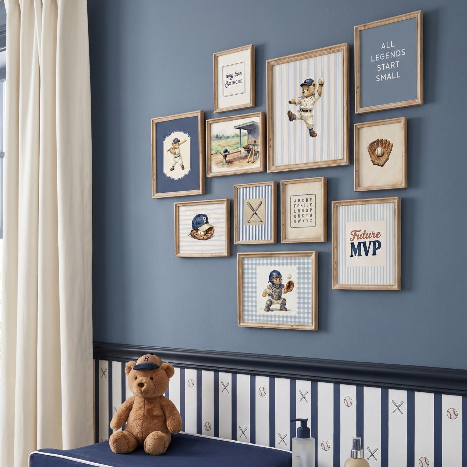 11 piece vintage baseball nursery gallery wall set featuring teddy bear athletes, stadium art, and classic blue stripes