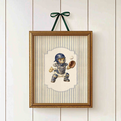 Vintage baseball teddy bear watercolor print for a boys nursery room