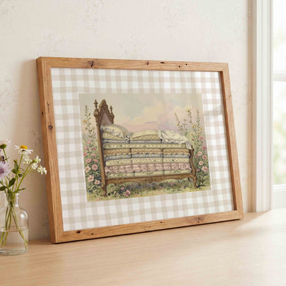Vintage bed and bench print on gingham styled for a fairytale princess nursery room
