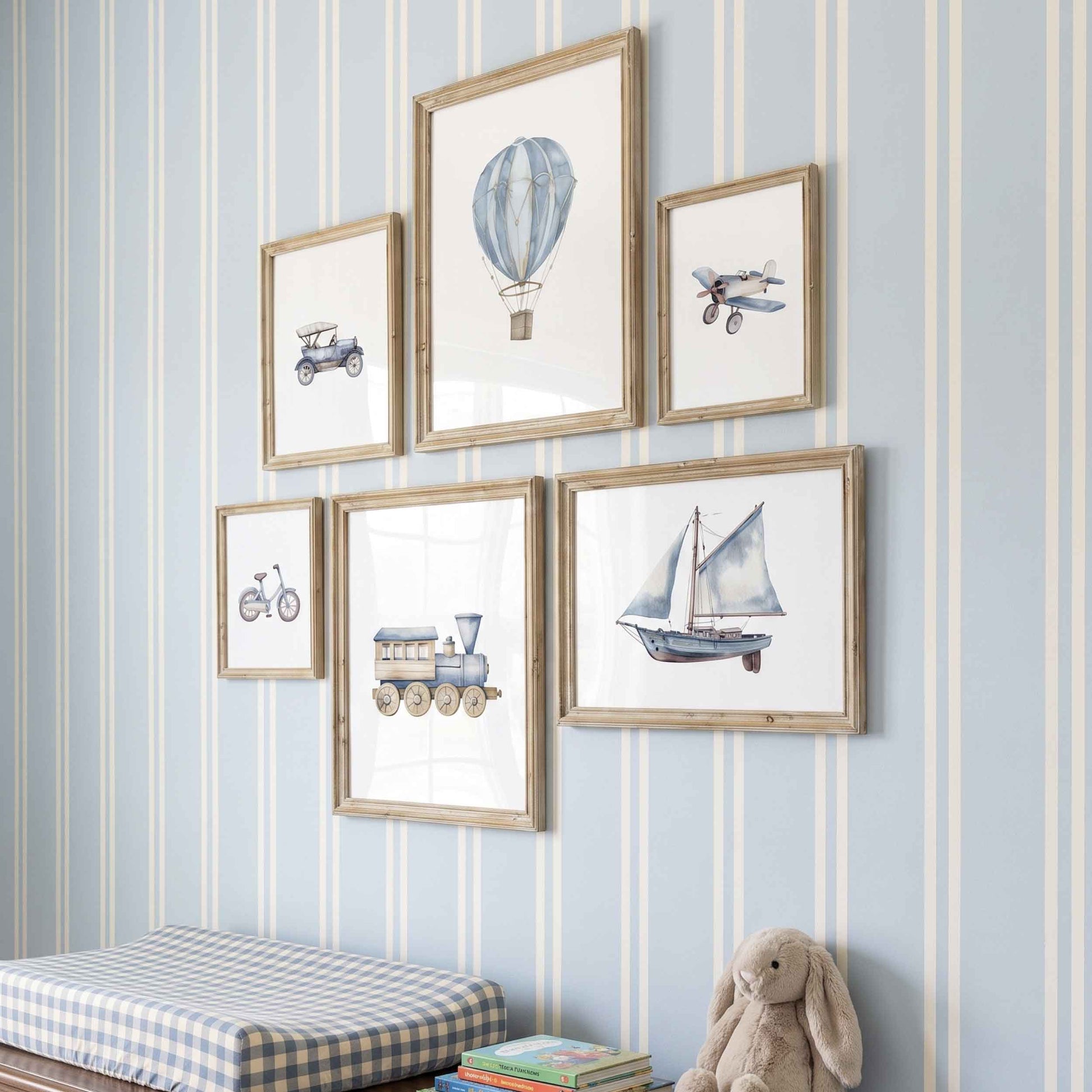 6 piece vintage blue transportation nursery wall art set featuring planes, trains, boats and hot air balloon