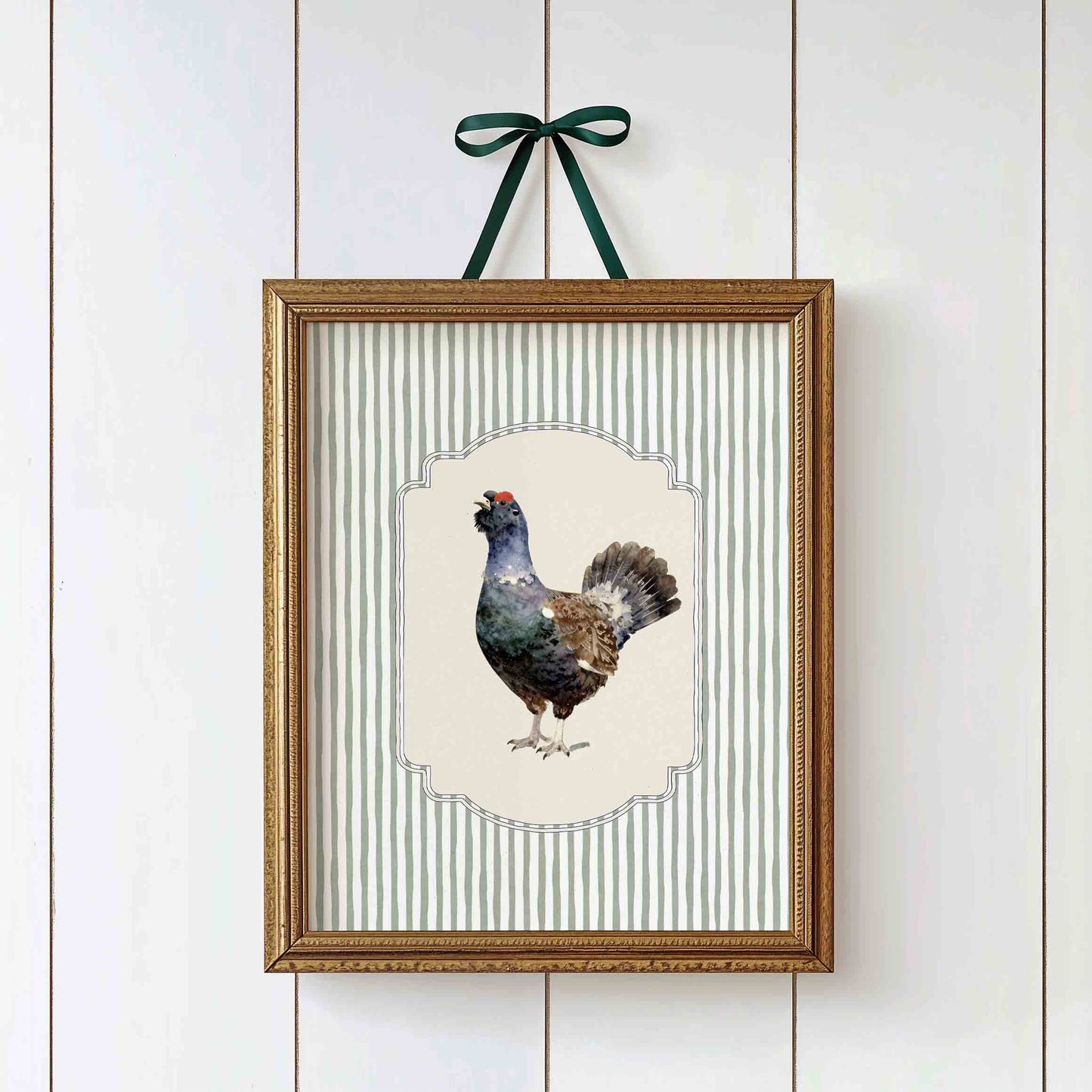 Vintage capercaillie print on stripe styled for an antique nature nursery room