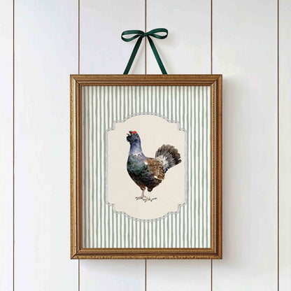 Vintage capercaillie print on stripe styled for an antique nature nursery room