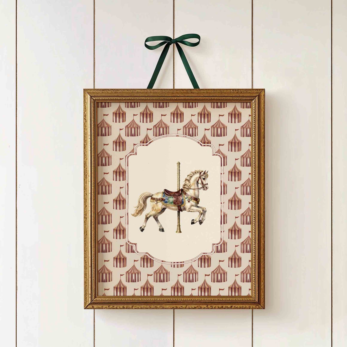 Vintage carousel horse print on red circus tent pattern for a nursery room