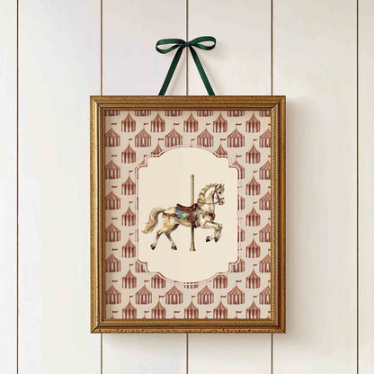 Vintage carousel horse print on red circus tent pattern for a nursery room