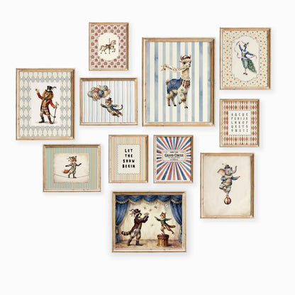 Vintage circus animals nursery gallery wall set of 11 styled in a gender neutral room
