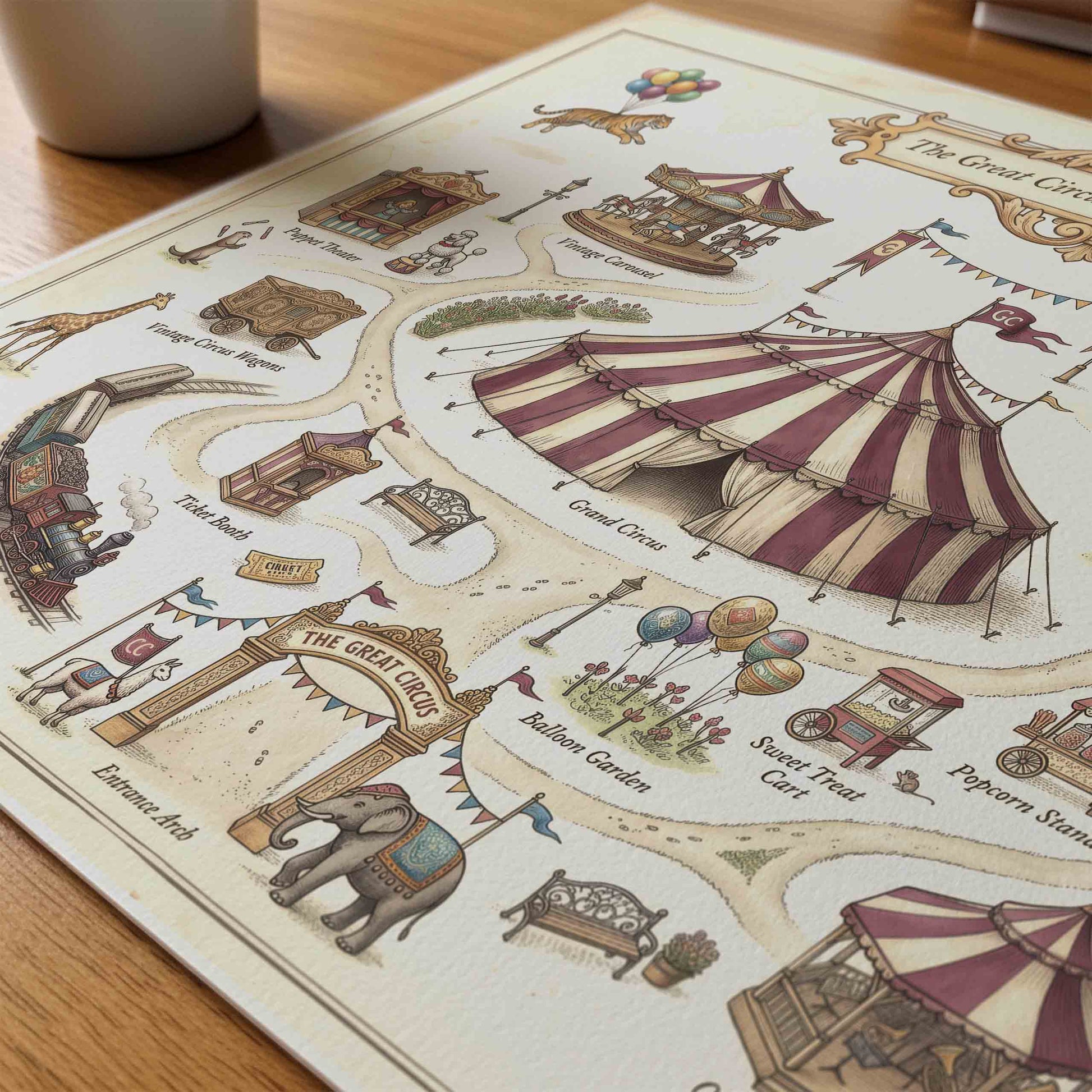 Vintage circus field survey map print styled for a nursery room