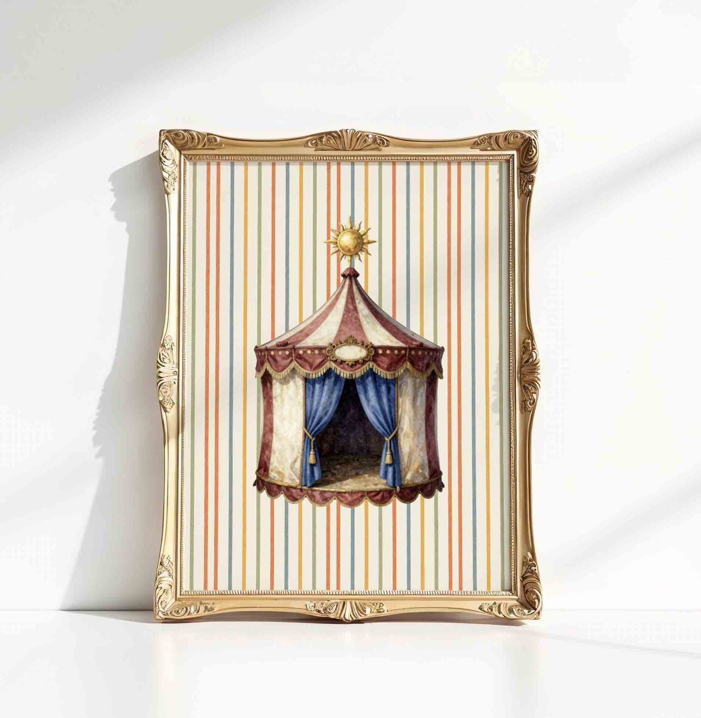 Vintage circus tent print styled for a whimsical circus nursery room