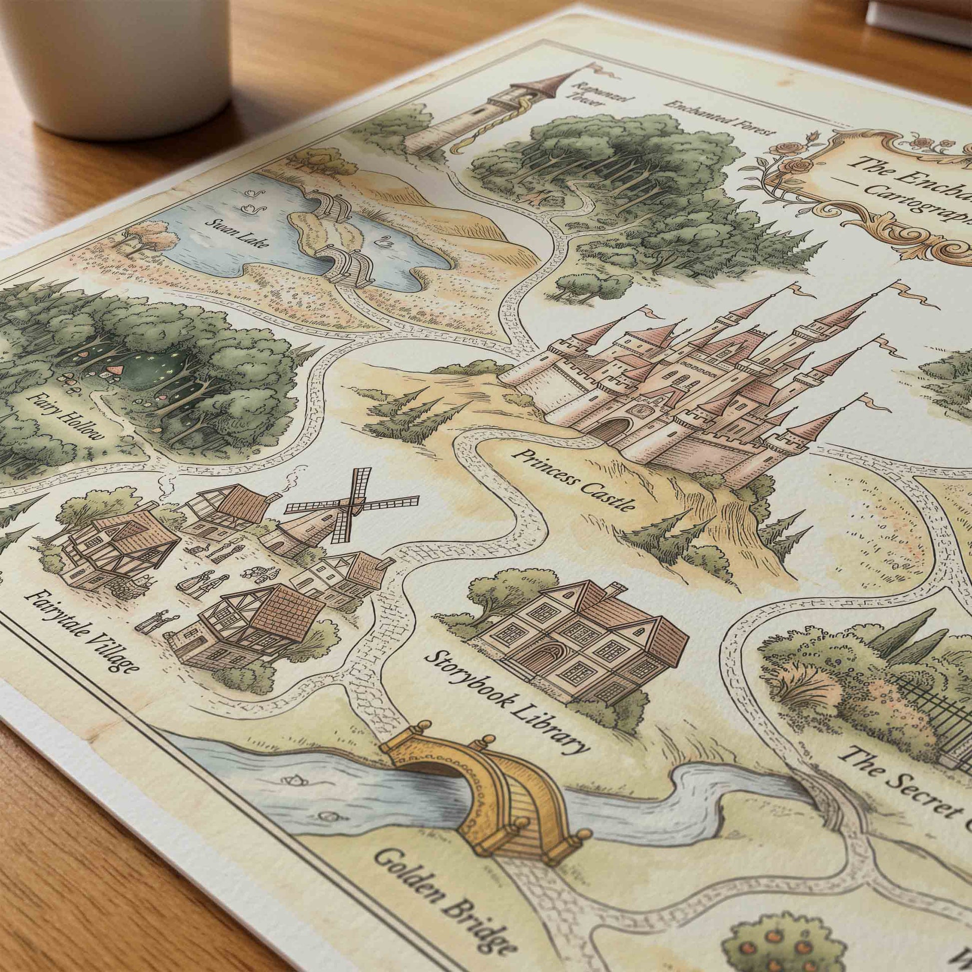 Vintage enchanted kingdom map print styled for a fairytale princess nursery room
