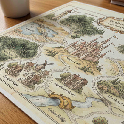 Vintage enchanted kingdom map print styled for a fairytale princess nursery room