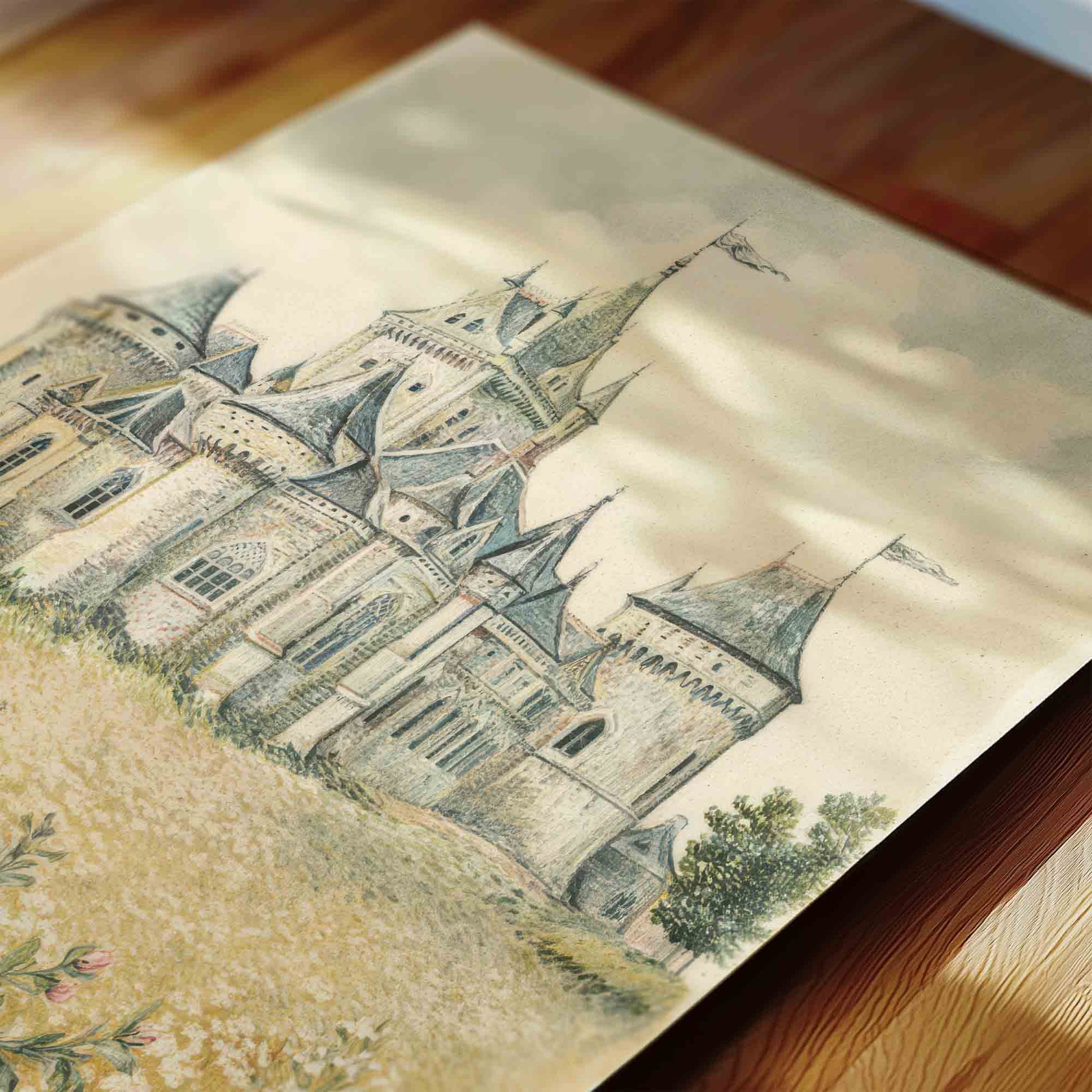 Vintage fairytale castle close up print styled for a princess nursery room