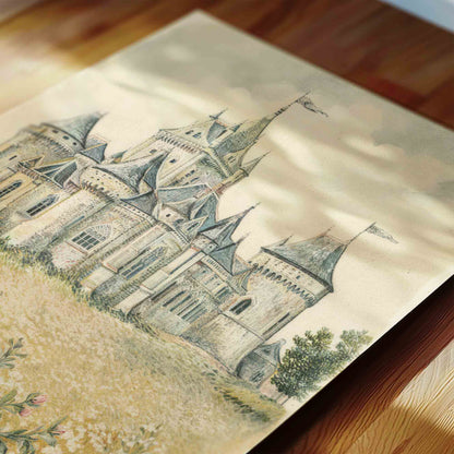 Vintage fairytale castle close up print styled for a princess nursery room