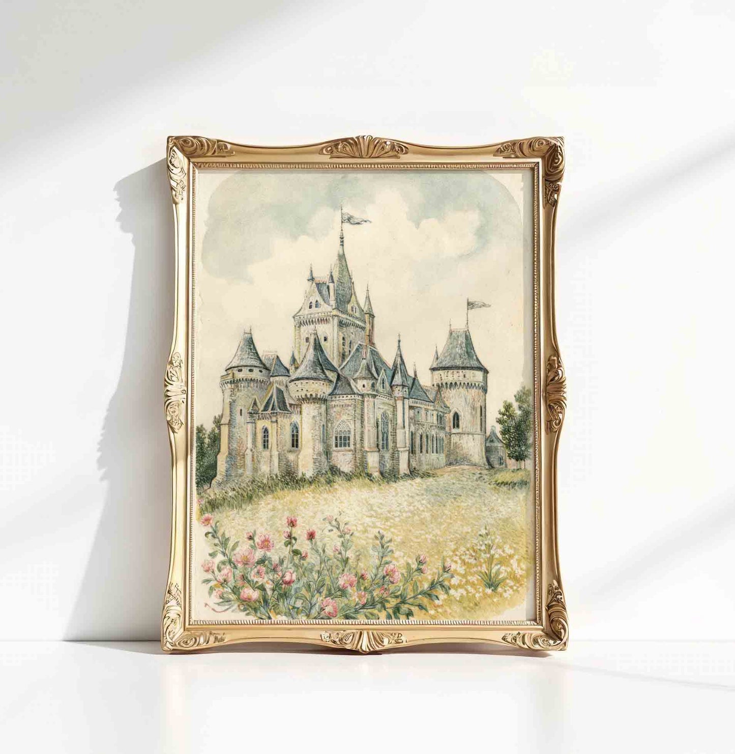 Vintage fairytale castle in the distance print styled for a princess nursery room