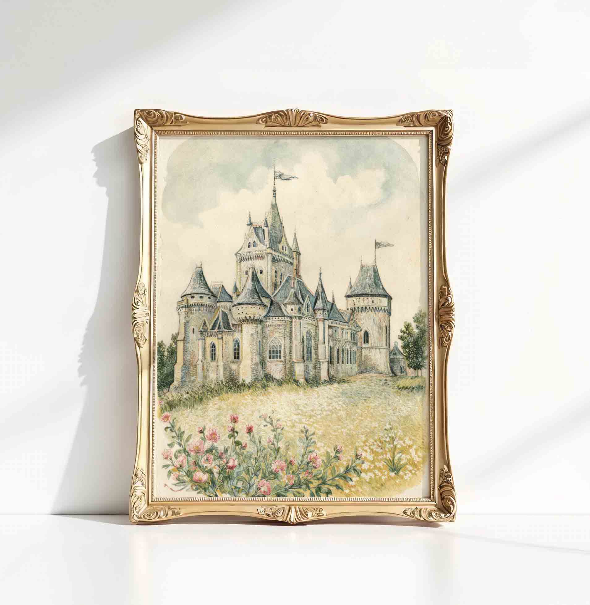 Vintage fairytale castle in the distance print styled for a princess nursery room