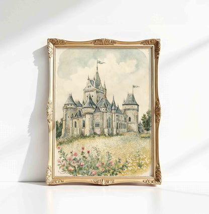 Vintage fairytale castle in the distance print styled for a princess nursery room