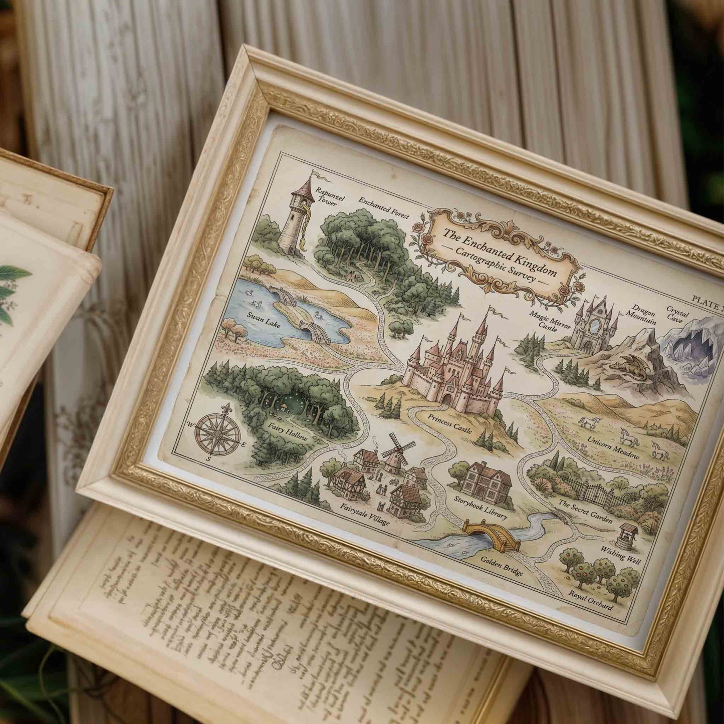 Vintage fairytale castle with trees print styled for a princess nursery room