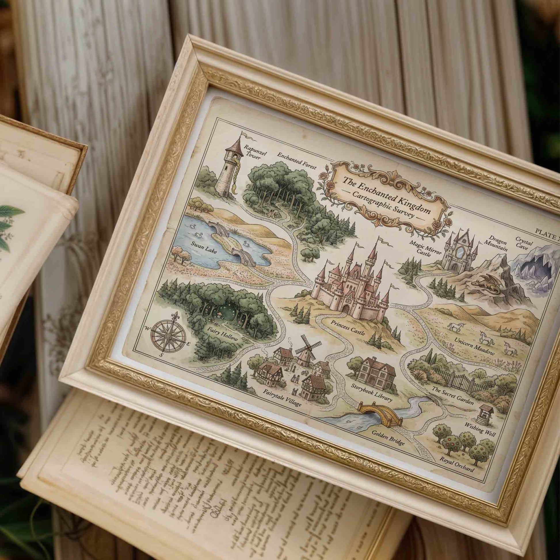 Vintage fairytale castle with trees print styled for a princess nursery room