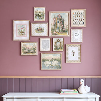 11 piece vintage fairytale nursery wall art set featuring a rose castle, swans, frog prince and alphabet chart