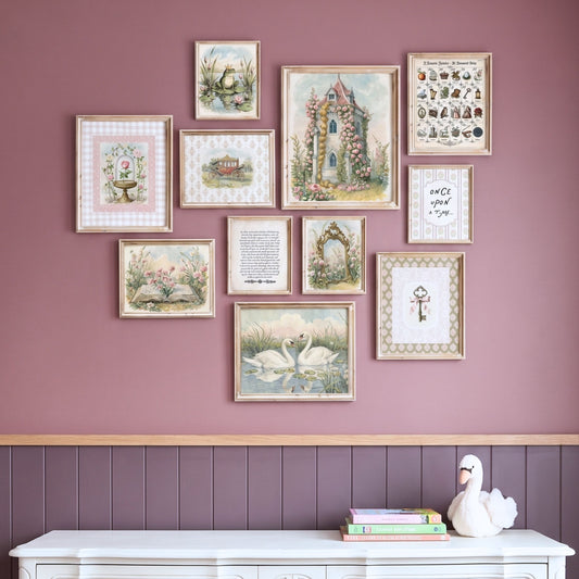 11 piece vintage fairytale nursery wall art set featuring a rose castle, swans, frog prince and alphabet chart
