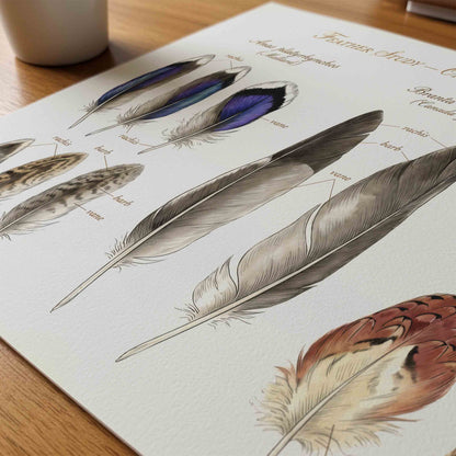 Vintage feather study specimen plate print for a hunting lodge boys nursery room