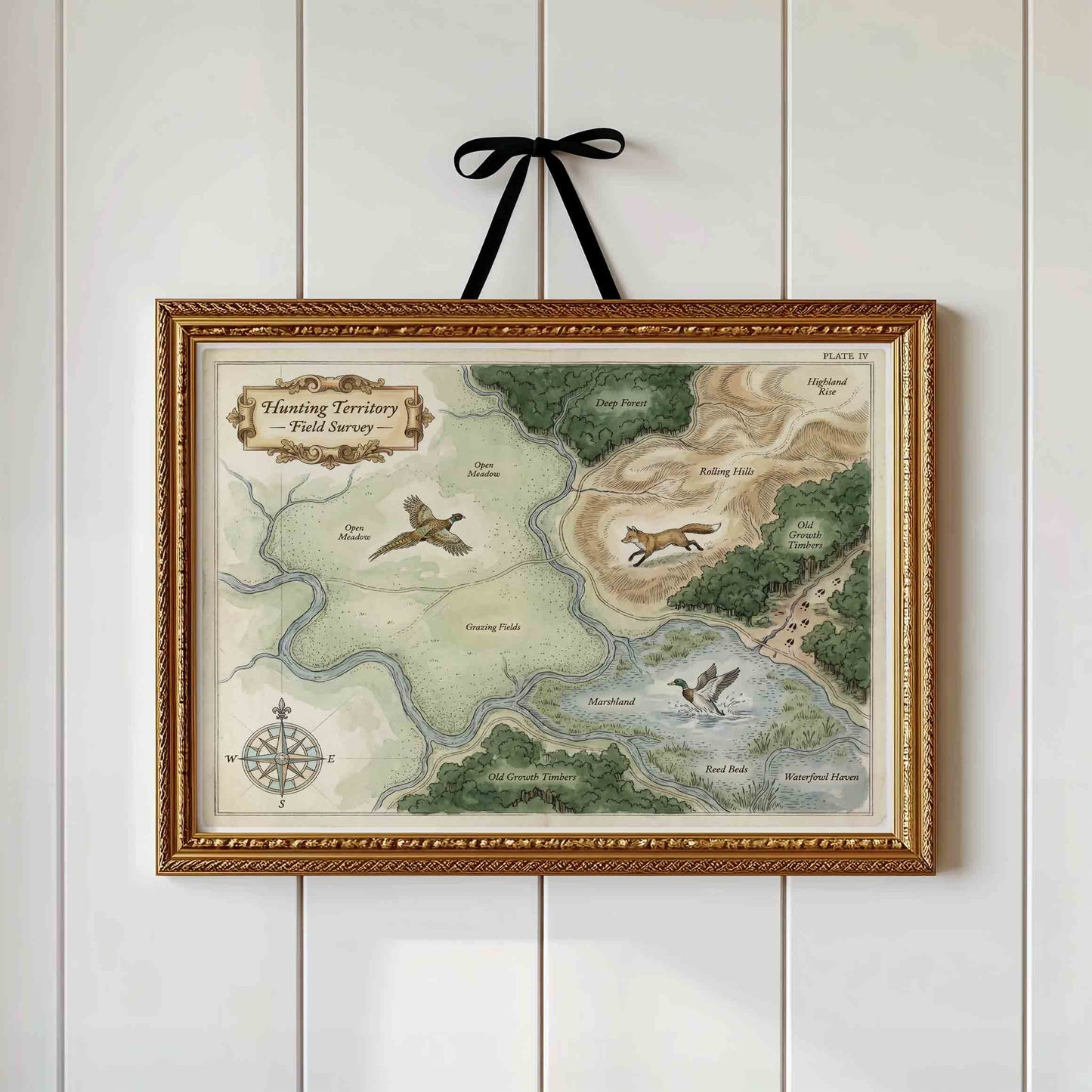 Vintage field map print framed and styled for an antique nature nursery room