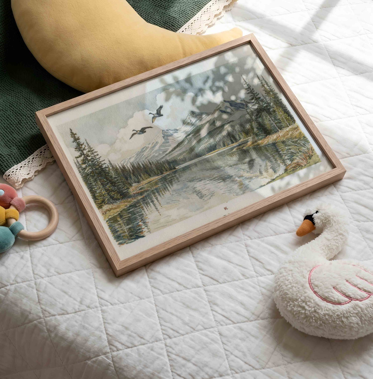 Vintage forest lake landscape print styled for a woodland nursery room