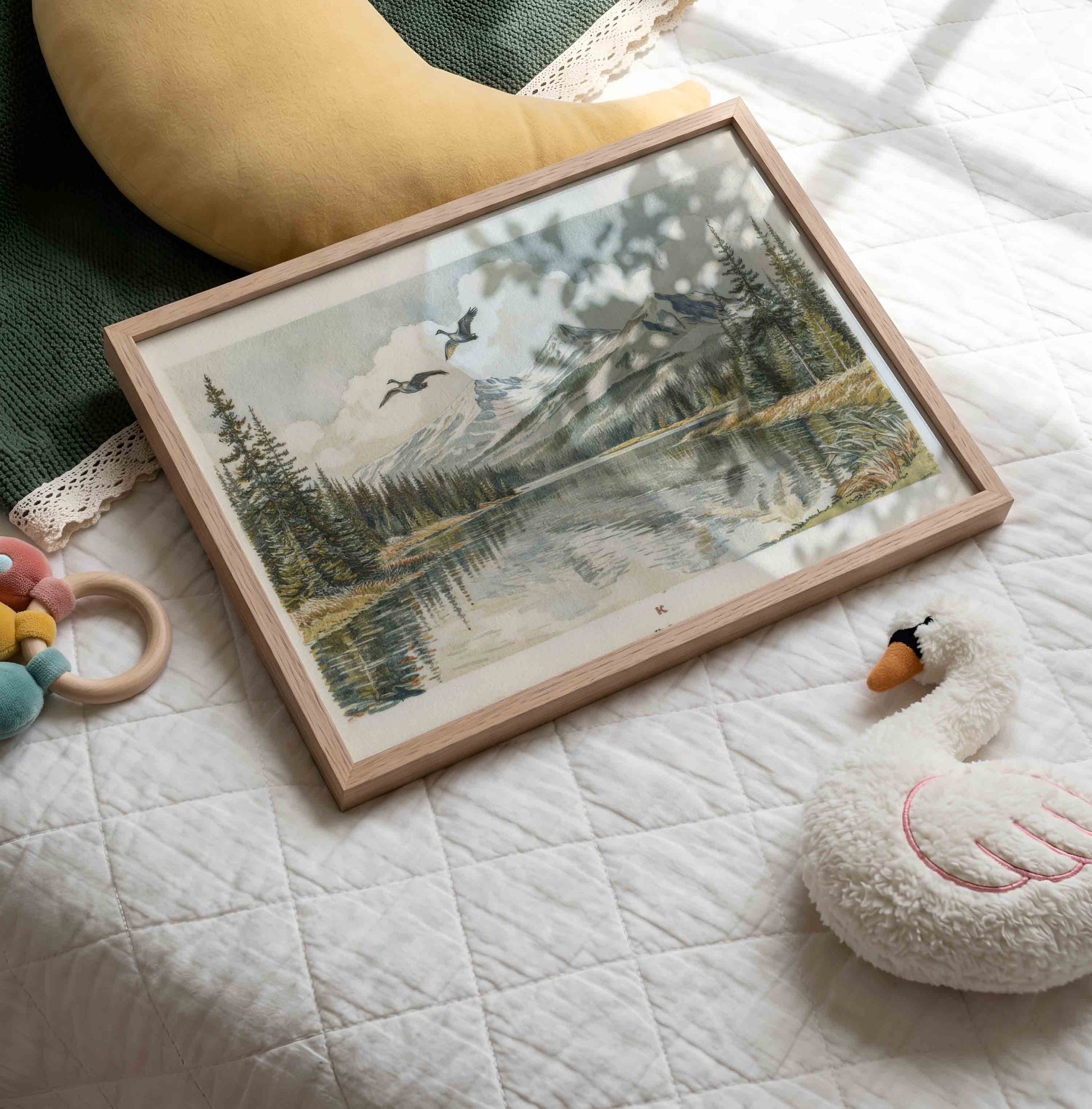 Vintage forest lake landscape print styled for a woodland nursery room