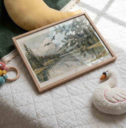 Vintage forest lake landscape print styled for a woodland nursery room