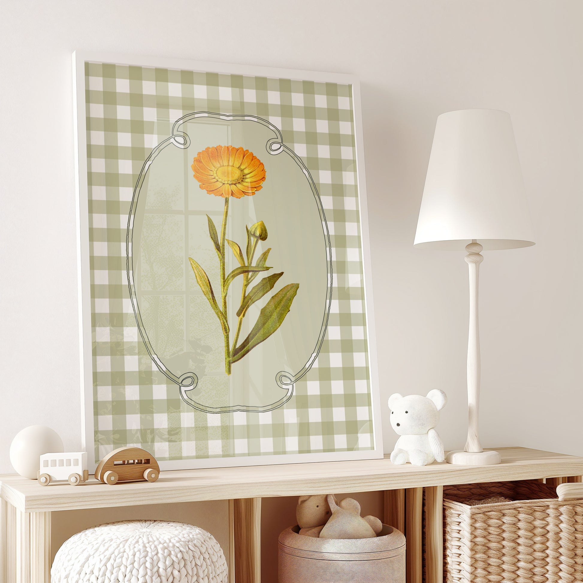 Vintage forest landscape print in rustic green tones for a wildlife nursery room