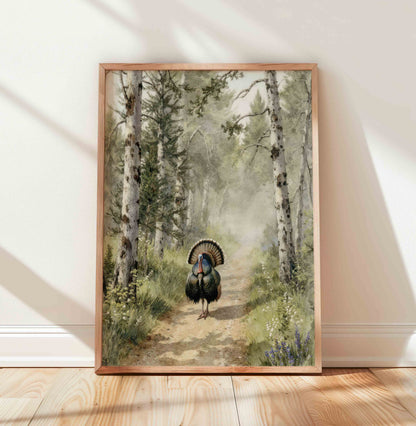 Vintage forest landscape with turkey print for a rustic hunting lodge nursery room