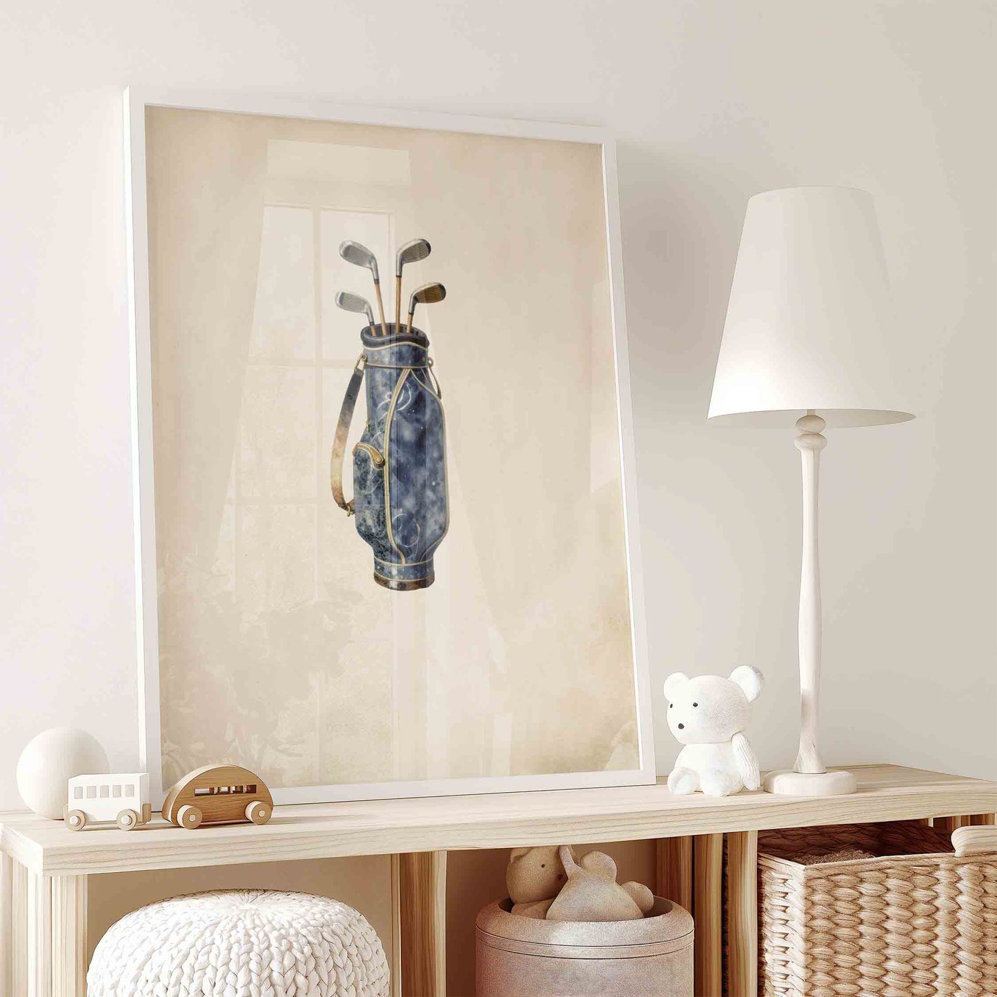 Vintage golf bag print on blue stripe background for a preppy boys nursery room