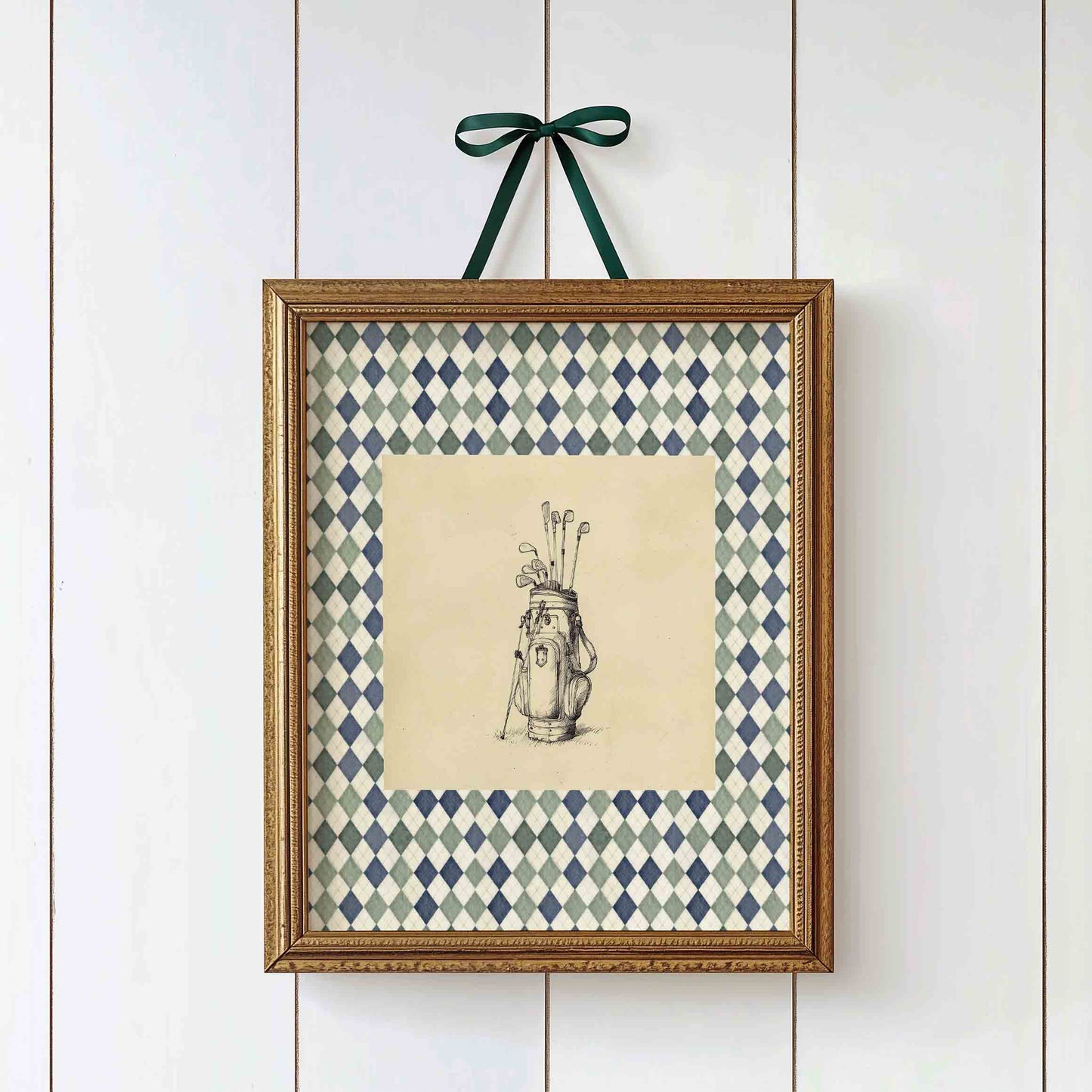 Vintage golf bag print on sage gingham for a country club boys nursery room